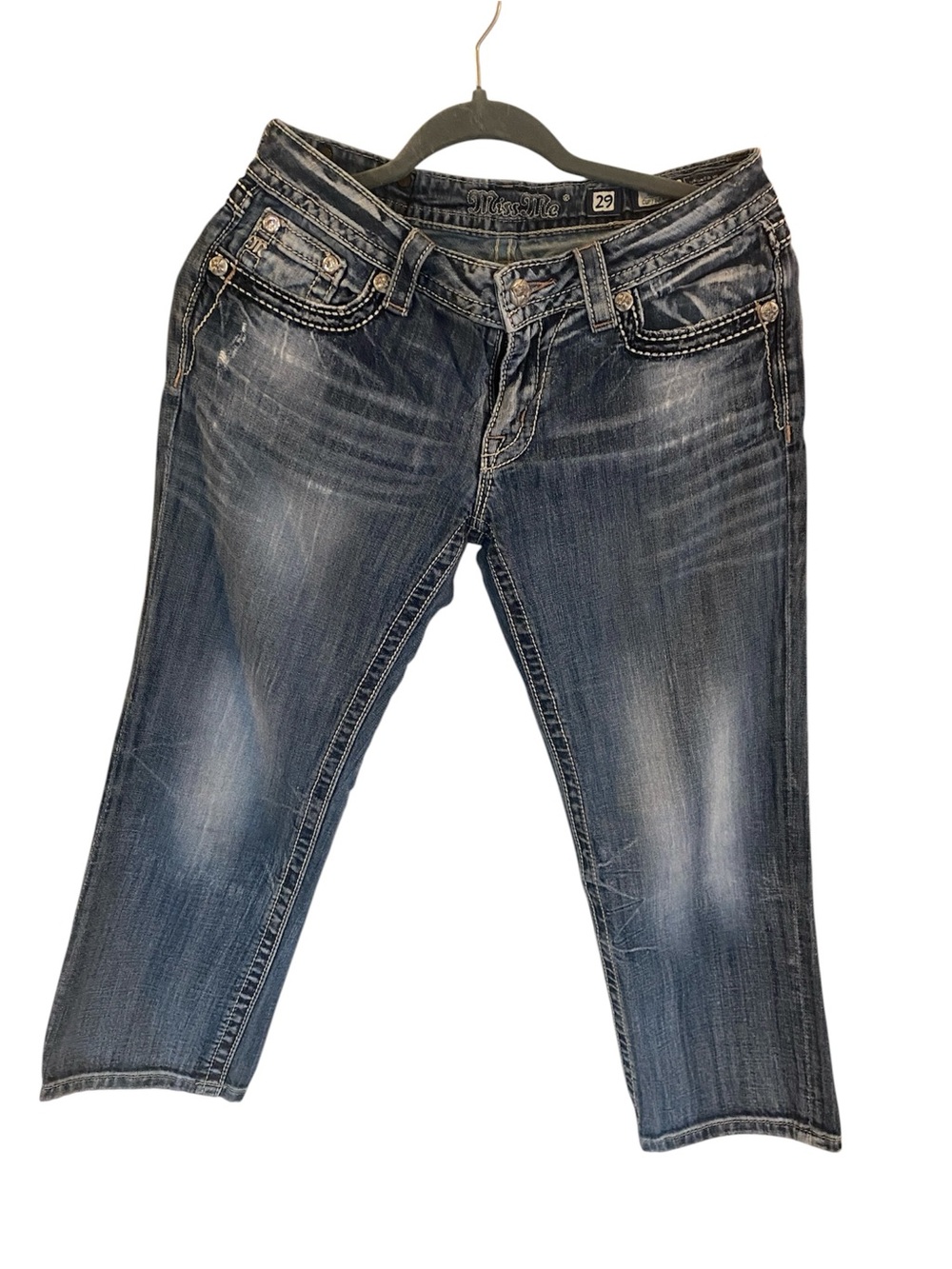 Miss Me Distressed Cropped Blue Denim Jeans With Bling/Embroidered Cross Size 29